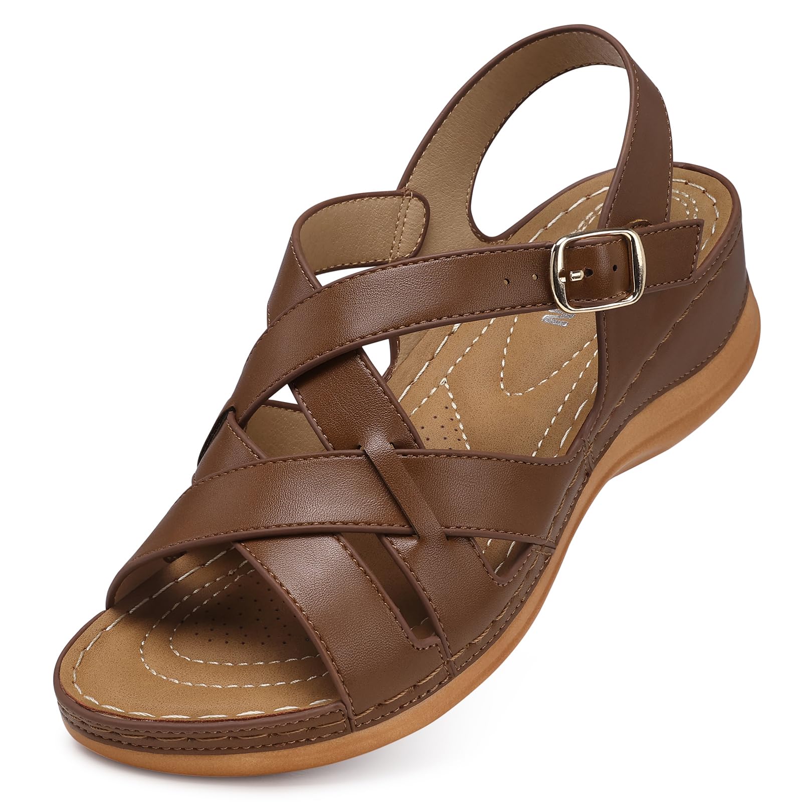 TEMOFON Flat Women's Summer Sandals: Comfortable Walking Shoe - Black Brown White Leather - Rubber Sole - Size 5-11
TEMO